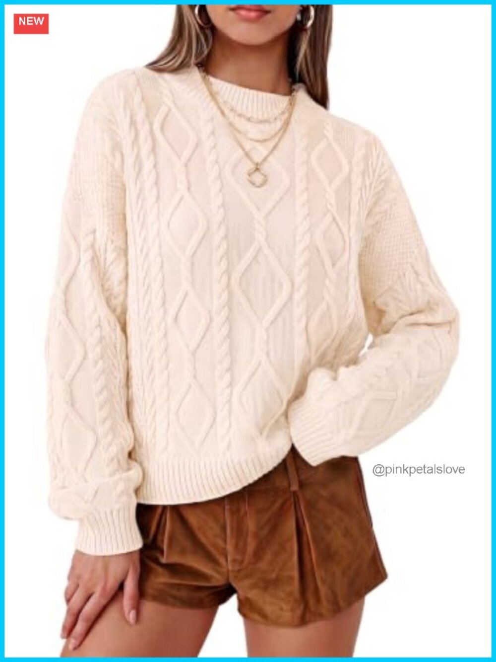 Oversized Cropped Cable Knit Cotton Sweater Pullover Crewneck